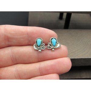 Sterling Silver Faux Blue Stone Small Fancy Stud Earrings Vintage Wedding